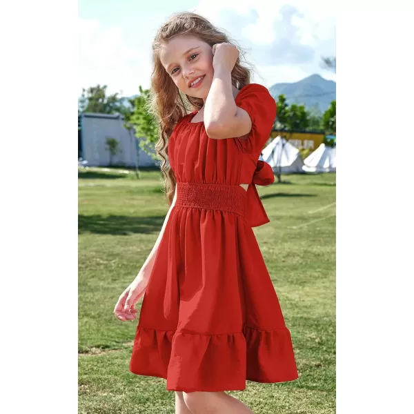 Arshiner Girls Tie Back Short Sleeve Ruffle Hem Off Shoulder Casual Elegant Dresses 4-12 Years