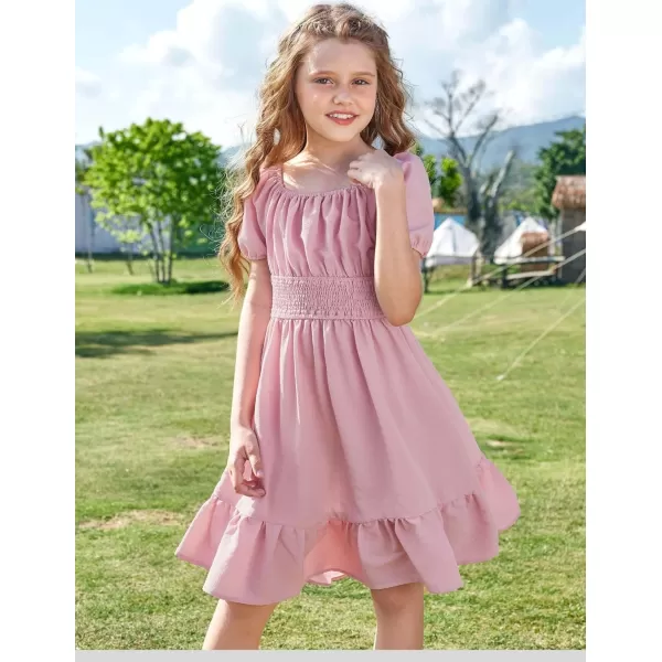 Arshiner Girls Tie Back Short Sleeve Ruffle Hem Off Shoulder Casual Elegant Dresses 4-12 Years
