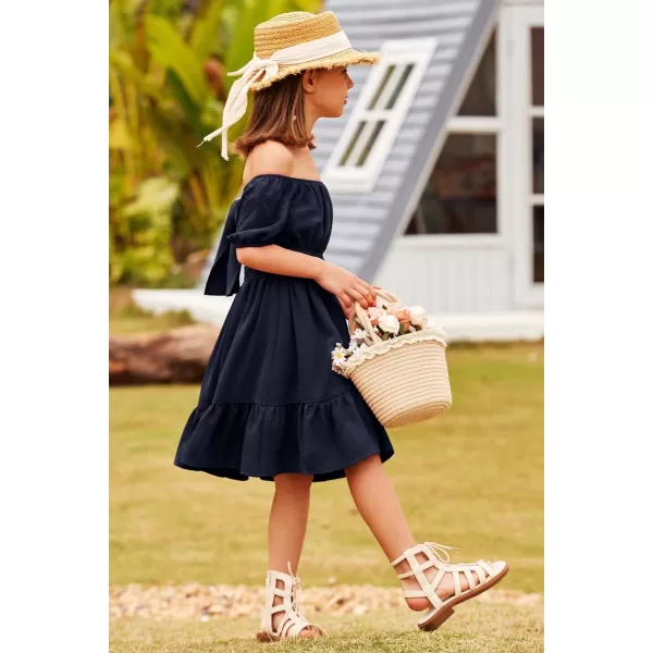 Arshiner Girls Tie Back Short Sleeve Ruffle Hem Off Shoulder Casual Elegant Dresses 4-12 Years