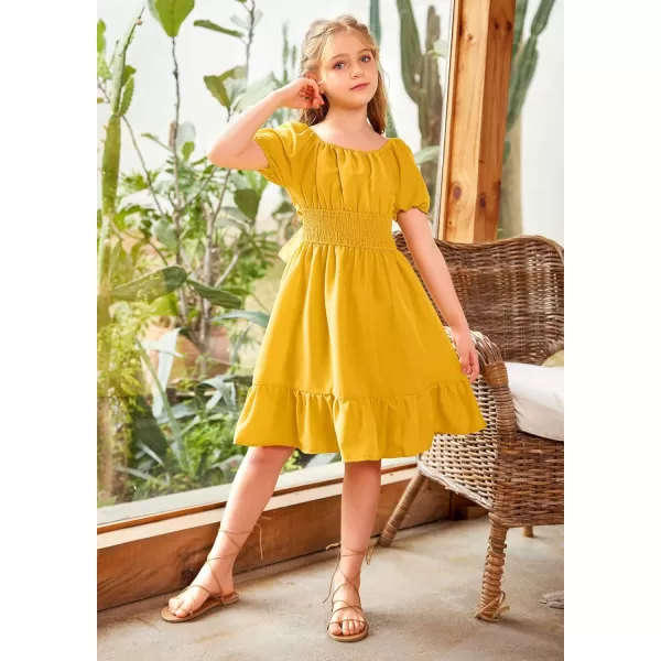 Arshiner Girls Tie Back Short Sleeve Ruffle Hem Off Shoulder Casual Elegant Dresses 4-12 Years