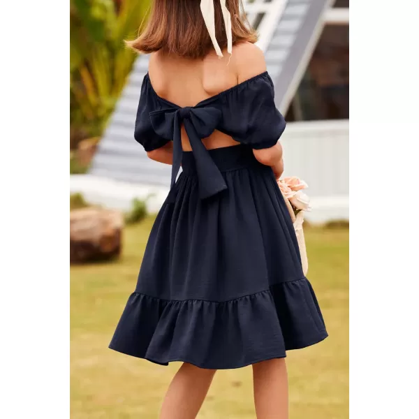 Arshiner Girls Tie Back Short Sleeve Ruffle Hem Off Shoulder Casual Elegant Dresses 4-12 Years