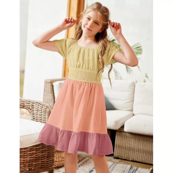 Arshiner Girls Tie Back Short Sleeve Ruffle Hem Off Shoulder Casual Elegant Dresses 4-12 Years