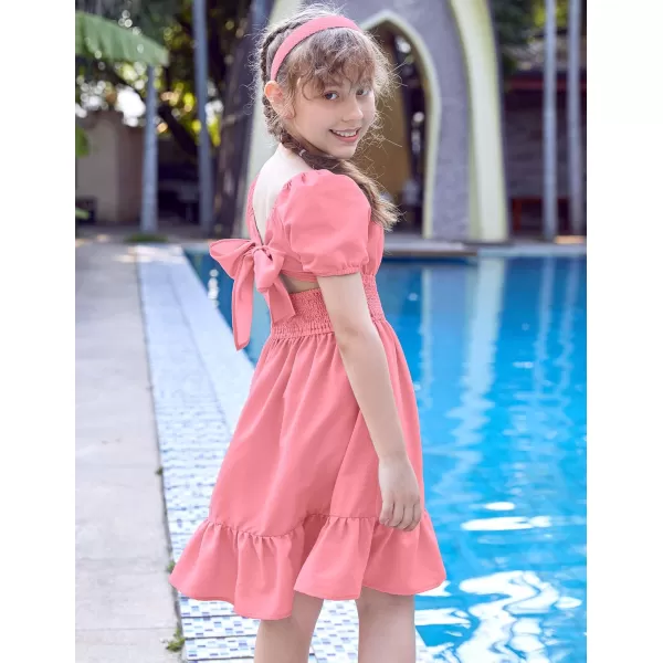 Arshiner Girls Tie Back Short Sleeve Ruffle Hem Off Shoulder Casual Elegant Dresses 4-12 Years