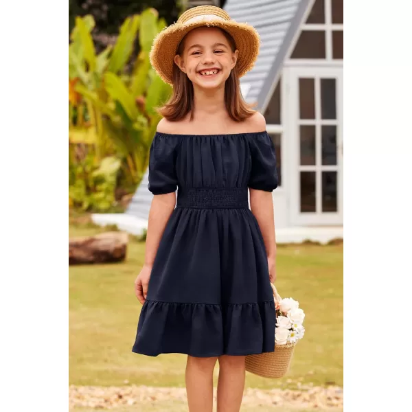 Arshiner Girls Tie Back Short Sleeve Ruffle Hem Off Shoulder Casual Elegant Dresses 4-12 Years