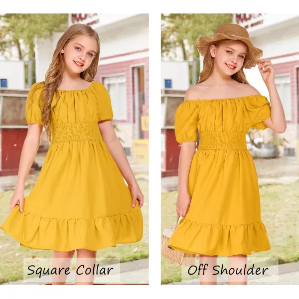 Arshiner Girls Tie Back Short Sleeve Ruffle Hem Off Shoulder Casual Elegant Dresses 4-12 Years