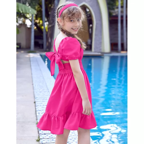 Arshiner Girls Tie Back Short Sleeve Ruffle Hem Off Shoulder Casual Elegant Dresses 4-12 Years