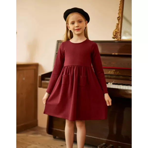Arshiner Little Girls Dress Long Sleeve Solid Color Casual Skater Pocket Dress