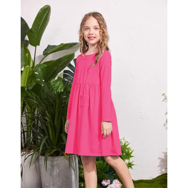 Arshiner Little Girls Dress Long Sleeve Solid Color Casual Skater Pocket Dress