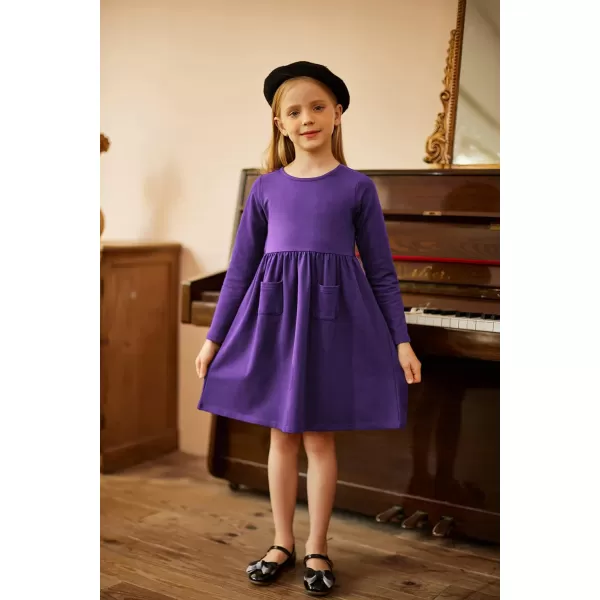 Arshiner Little Girls Dress Long Sleeve Solid Color Casual Skater Pocket Dress