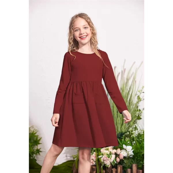 Arshiner Little Girls Dress Long Sleeve Solid Color Casual Skater Pocket Dress