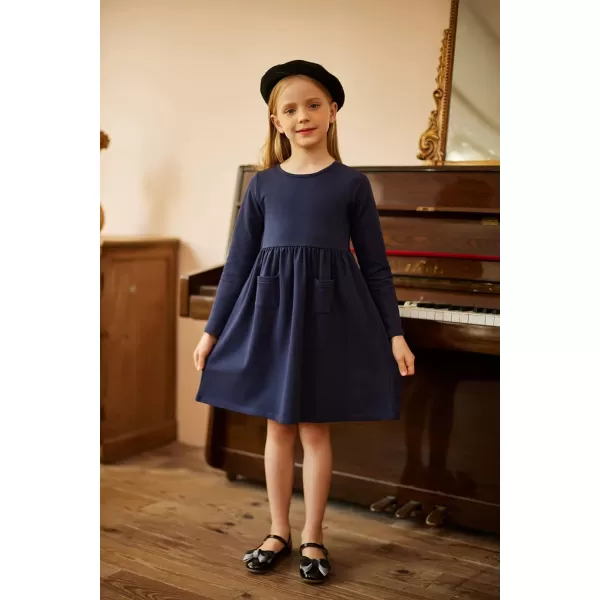 Arshiner Little Girls Dress Long Sleeve Solid Color Casual Skater Pocket Dress