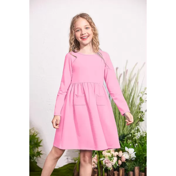 Arshiner Little Girls Dress Long Sleeve Solid Color Casual Skater Pocket Dress