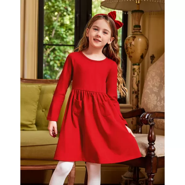 Arshiner Little Girls Dress Long Sleeve Solid Color Casual Skater Pocket Dress