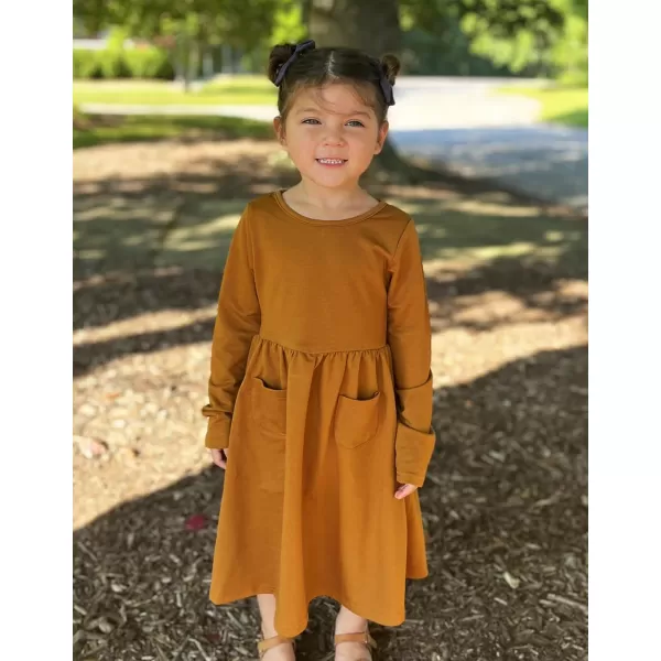 Arshiner Little Girls Dress Long Sleeve Solid Color Casual Skater Pocket Dress