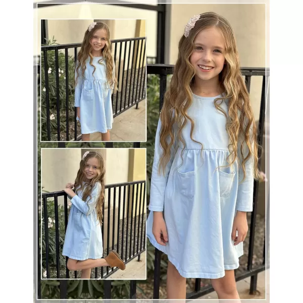 Arshiner Little Girls Dress Long Sleeve Solid Color Casual Skater Pocket Dress