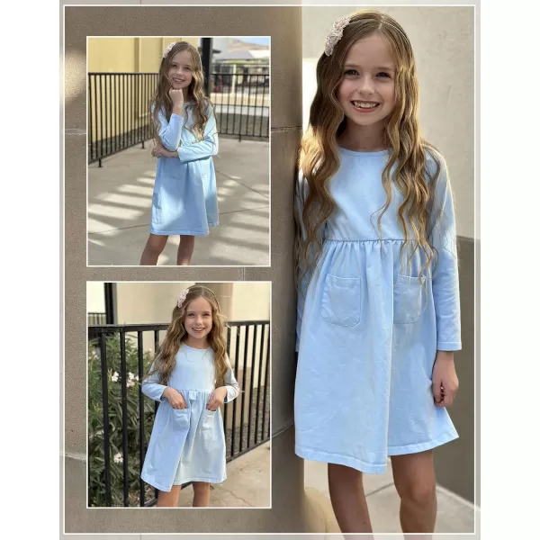 Arshiner Little Girls Dress Long Sleeve Solid Color Casual Skater Pocket Dress