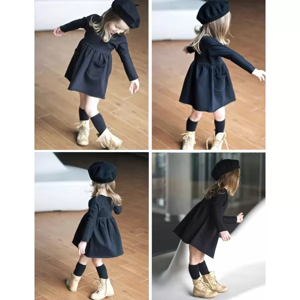 Arshiner Little Girls Dress Long Sleeve Solid Color Casual Skater Pocket Dress