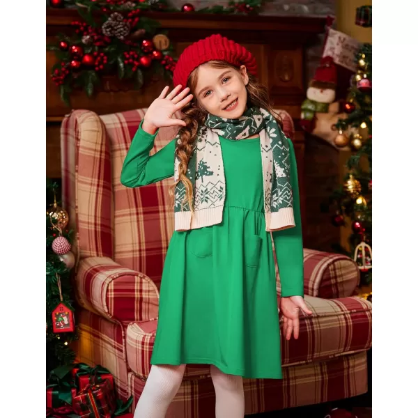 Arshiner Little Girls Dress Long Sleeve Solid Color Casual Skater Pocket Dress