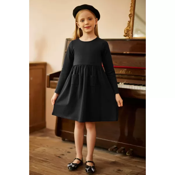 Arshiner Little Girls Dress Long Sleeve Solid Color Casual Skater Pocket Dress