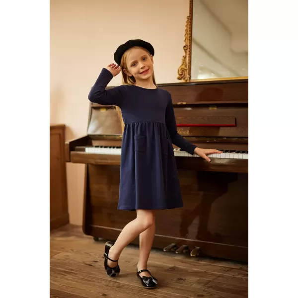 Arshiner Little Girls Dress Long Sleeve Solid Color Casual Skater Pocket Dress