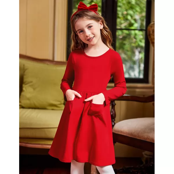 Arshiner Little Girls Dress Long Sleeve Solid Color Casual Skater Pocket Dress