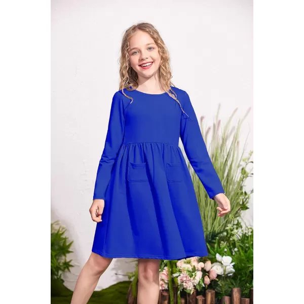 Arshiner Little Girls Dress Long Sleeve Solid Color Casual Skater Pocket Dress