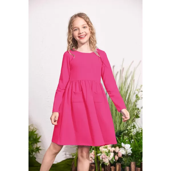 Arshiner Little Girls Dress Long Sleeve Solid Color Casual Skater Pocket Dress