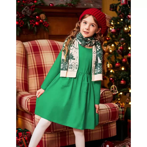 Arshiner Little Girls Dress Long Sleeve Solid Color Casual Skater Pocket Dress