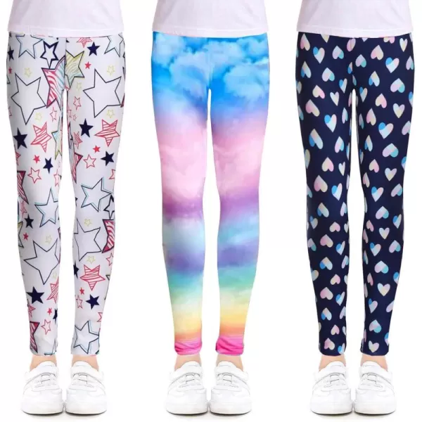 Arshiner Girl's Ankle Length Leggings 3-Pack Printing Flower Kids Classic Stretch Pants 4-14Y
