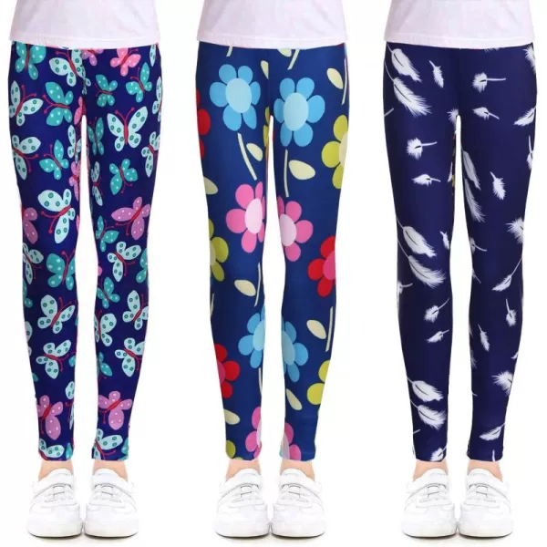 Arshiner Girl's Ankle Length Leggings 3-Pack Printing Flower Kids Classic Stretch Pants 4-14Y