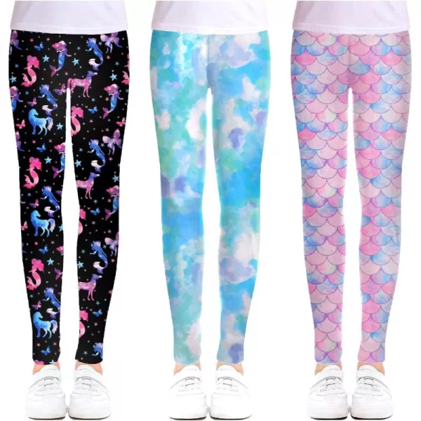 Arshiner Girl's Ankle Length Leggings 3-Pack Printing Flower Kids Classic Stretch Pants 4-14Y