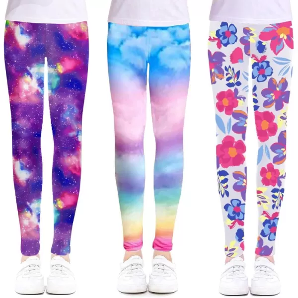 Arshiner Girl's Ankle Length Leggings 3-Pack Printing Flower Kids Classic Stretch Pants 4-14Y