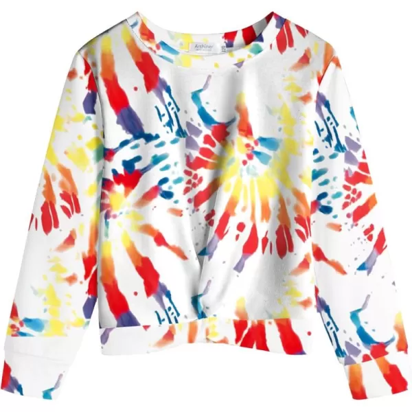 Arshiner Girls Casual Twist Front Lightweight Sweatshirt Tie Dye Printed Long Sleeve Crop Tops Pullover