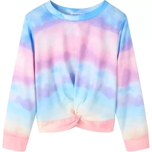 Arshiner Girls Casual Twist Front Lightweight Sweatshirt Tie Dye Printed Long Sleeve Crop Tops Pullover
