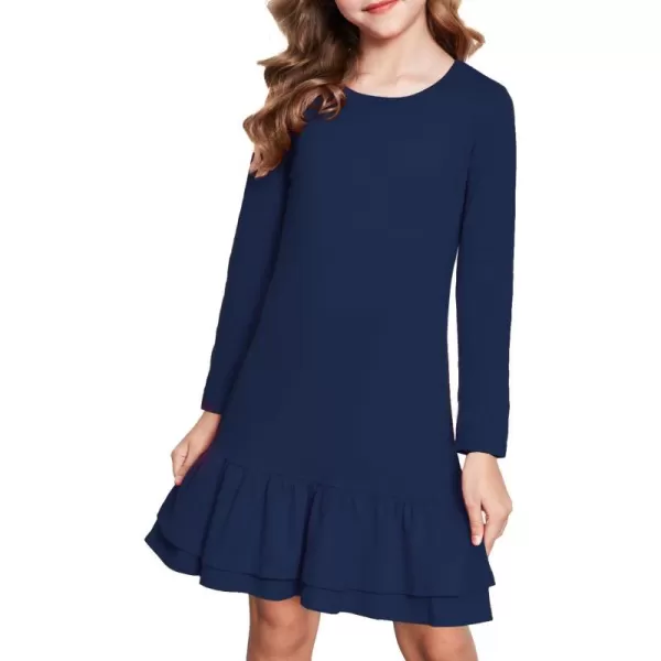 Arshiner Girls Cotton Long Sleeve A-Line Ruffle Hem Dress for School