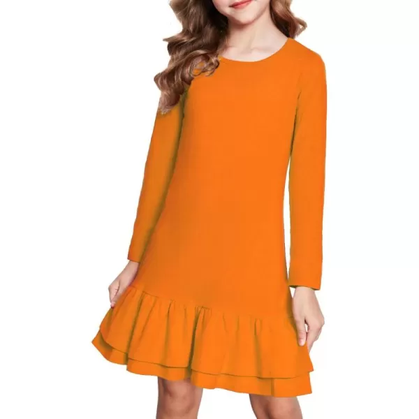 Arshiner Girls Cotton Long Sleeve A-Line Ruffle Hem Dress for School