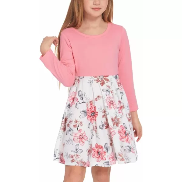 Arshiner Girls Long Sleeve Stretchy Dress A line Twirly Skater School Party Dress