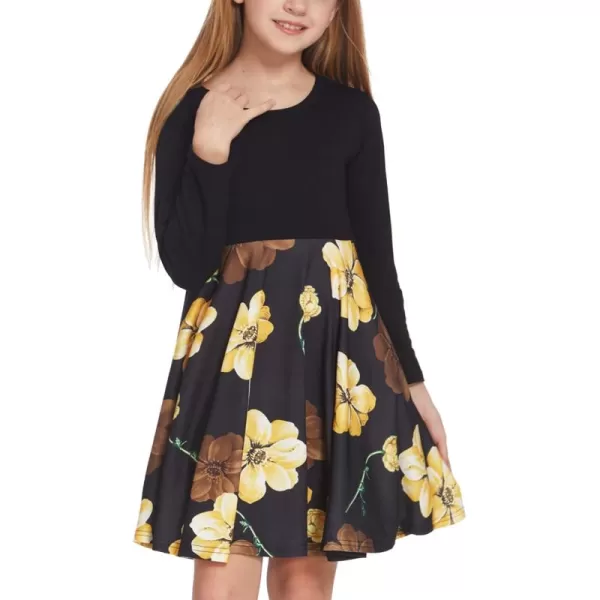 Arshiner Girls Long Sleeve Stretchy Dress A line Twirly Skater School Party Dress