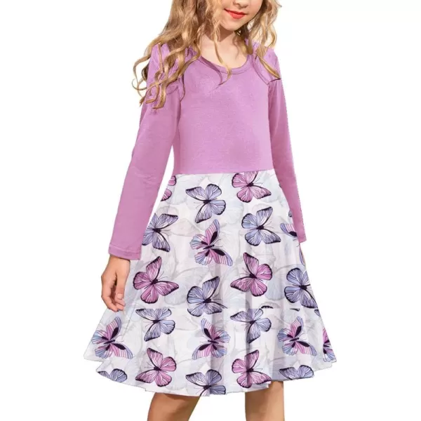 Arshiner Girls Long Sleeve Stretchy Dress A line Twirly Skater School Party Dress