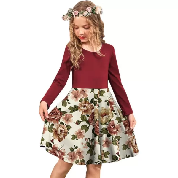 Arshiner Girls Long Sleeve Stretchy Dress A line Twirly Skater School Party Dress