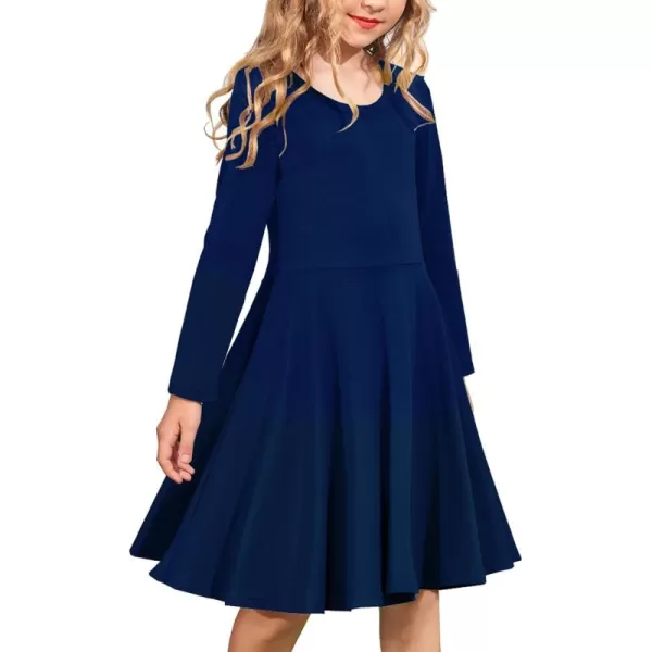 Arshiner Girls Long Sleeve Stretchy Dress A line Twirly Skater School Party Dress