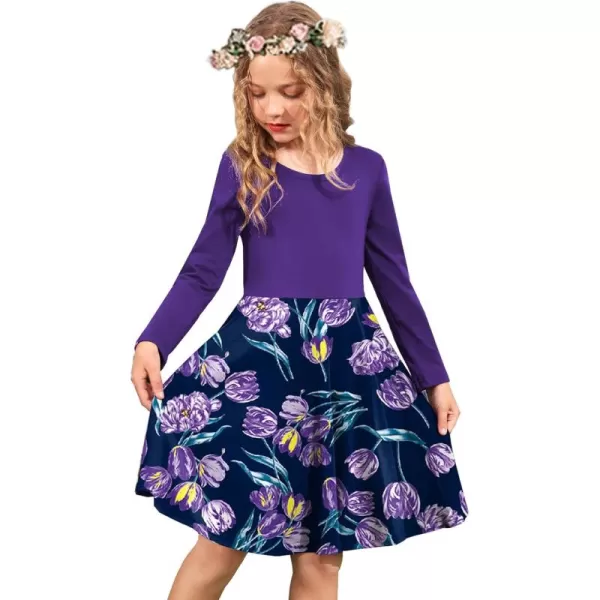 Arshiner Girls Long Sleeve Stretchy Dress A line Twirly Skater School Party Dress
