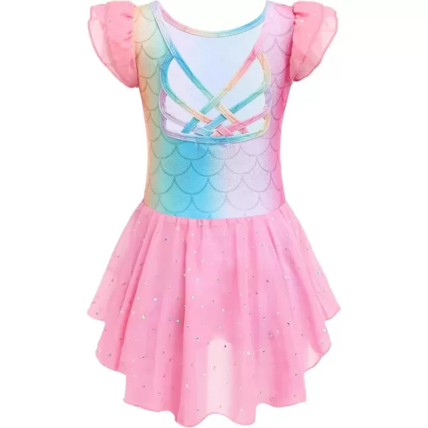 Arshiner Girls Shiny Ruffle Sleeve Ballet Leotard with Skirt Criss-Cross Back Dance Dresses