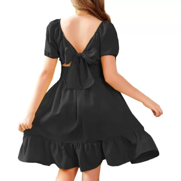 Arshiner Girls Tie Back Short Sleeve Ruffle Hem Off Shoulder Casual Elegant Dresses 4-12 Years