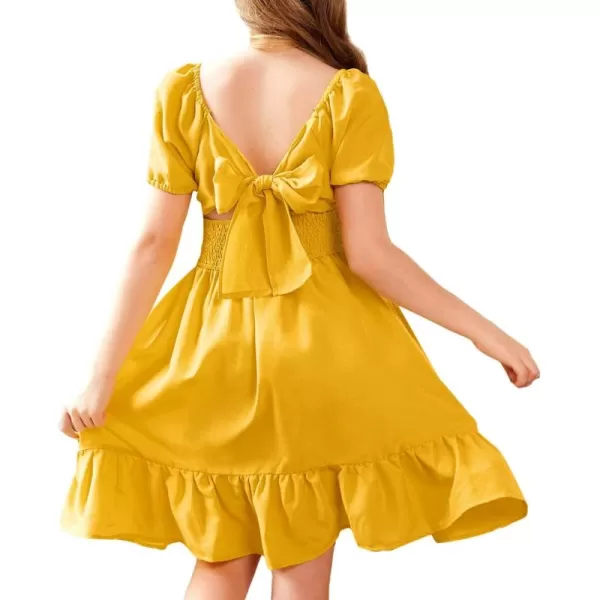 Arshiner Girls Tie Back Short Sleeve Ruffle Hem Off Shoulder Casual Elegant Dresses 4-12 Years