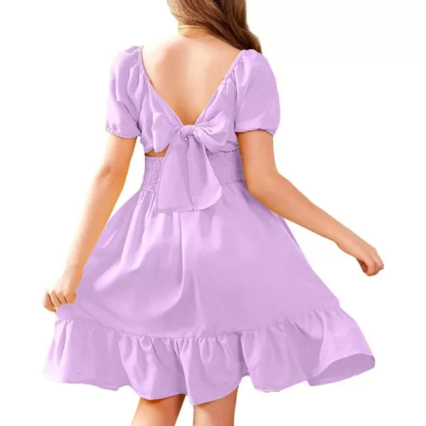 Arshiner Girls Tie Back Short Sleeve Ruffle Hem Off Shoulder Casual Elegant Dresses 4-12 Years