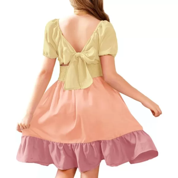 Arshiner Girls Tie Back Short Sleeve Ruffle Hem Off Shoulder Casual Elegant Dresses 4-12 Years
