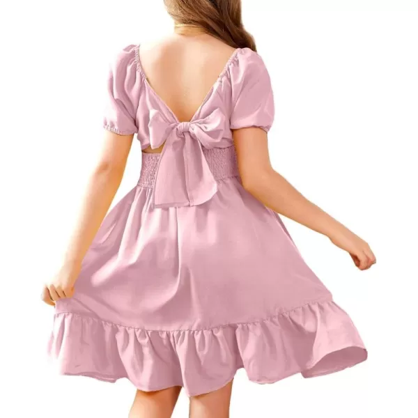 Arshiner Girls Tie Back Short Sleeve Ruffle Hem Off Shoulder Casual Elegant Dresses 4-12 Years
