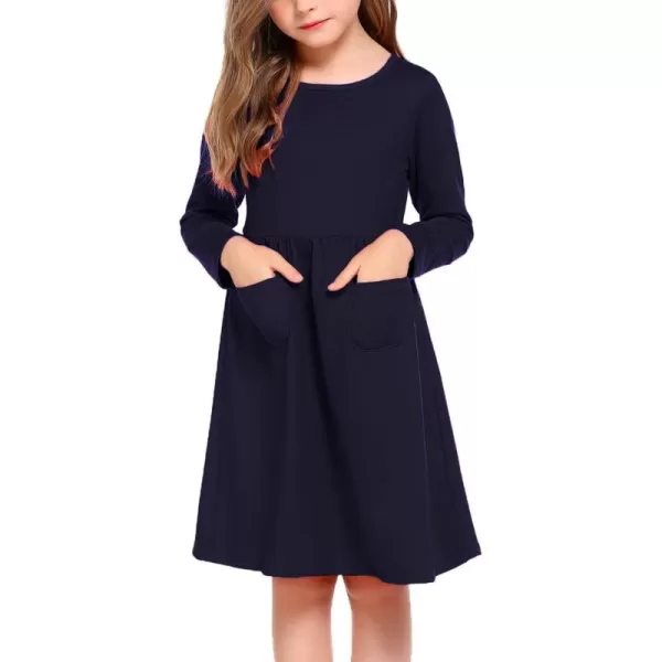 Arshiner Little Girls Dress Long Sleeve Solid Color Casual Skater Pocket Dress