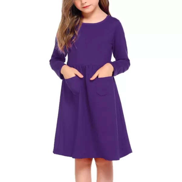 Arshiner Little Girls Dress Long Sleeve Solid Color Casual Skater Pocket Dress
